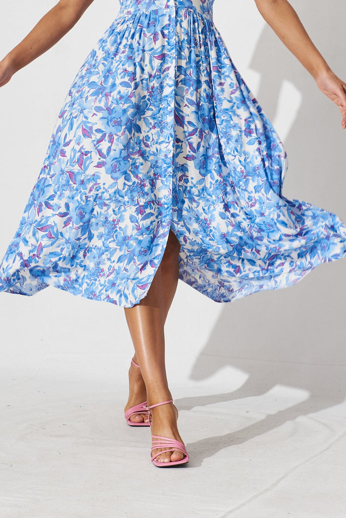 Arlia Midi Dress In White With Blue Floral - St Frock (Dev)