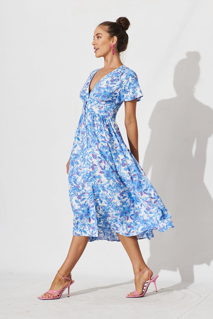Arlia Midi Dress In White With Blue Floral - St Frock (Dev)