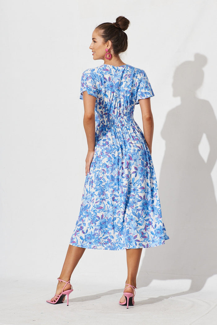 Arlia Midi Dress In White With Blue Floral - St Frock (Dev)