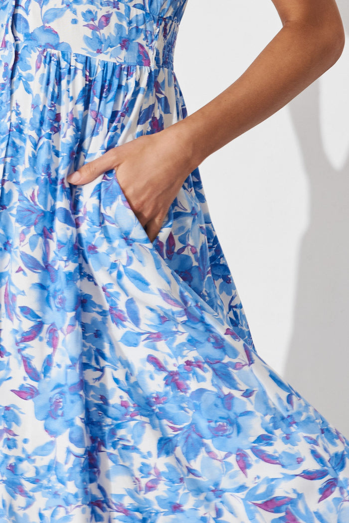 Arlia Midi Dress In White With Blue Floral - St Frock (Dev)