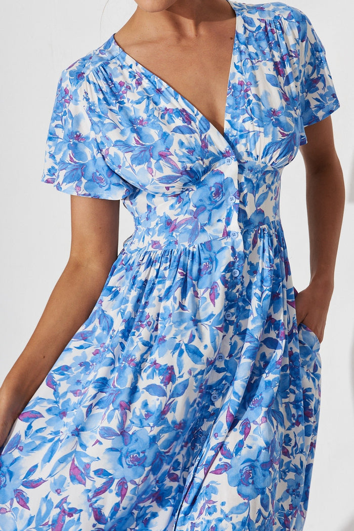 Arlia Midi Dress In White With Blue Floral - St Frock (Dev)