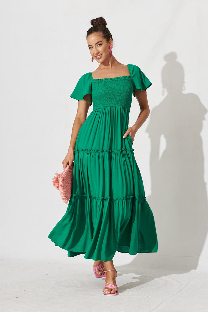 Annabeth Shirred Maxi Dress In Green - St Frock (Dev)