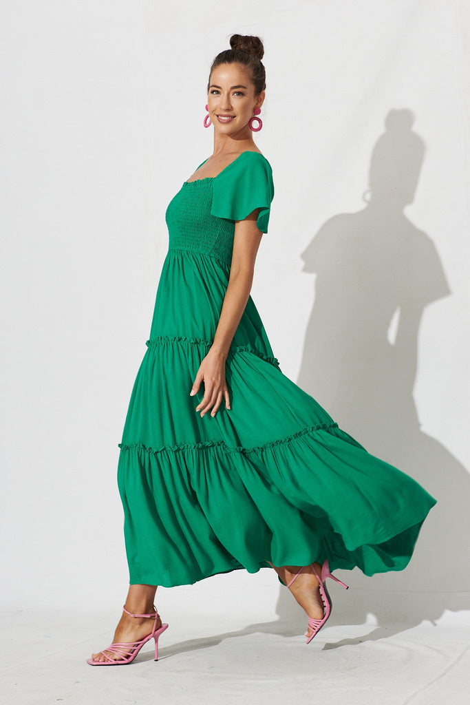 Annabeth Shirred Maxi Dress In Green - St Frock (Dev)
