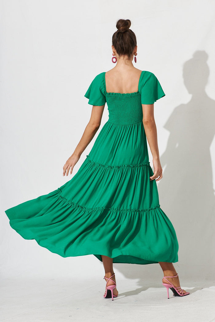 Annabeth Shirred Maxi Dress In Green - St Frock (Dev)