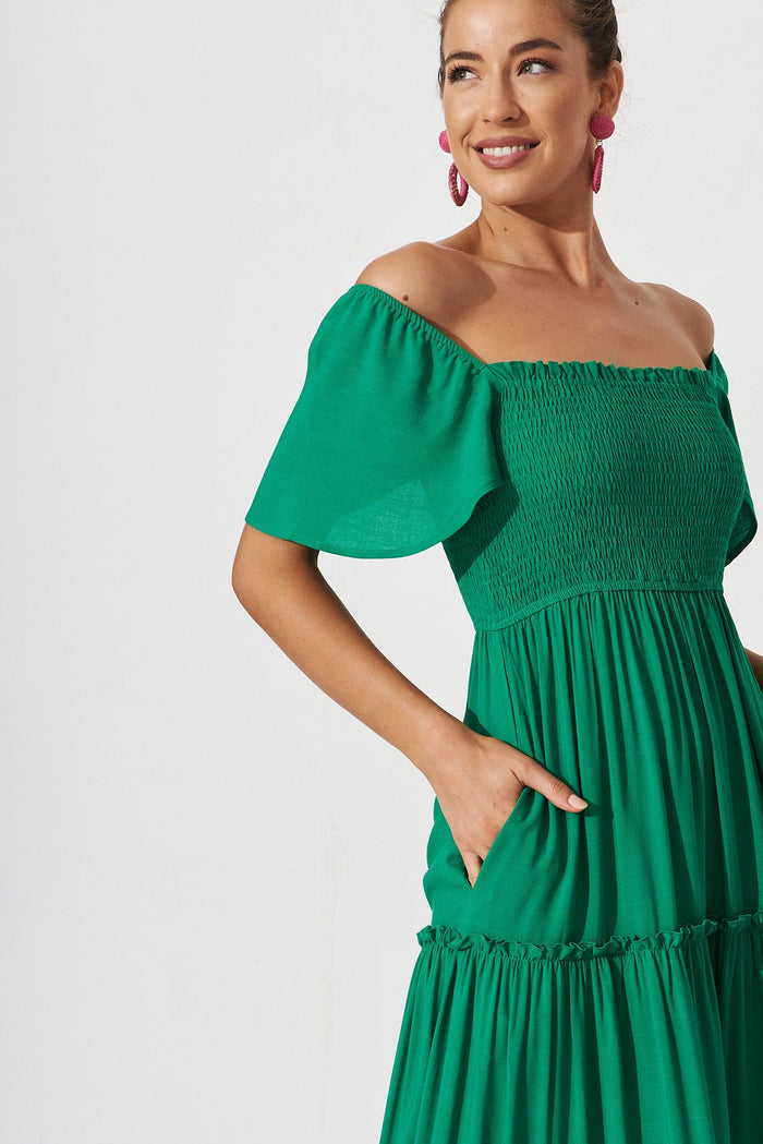 Annabeth Shirred Maxi Dress In Green - St Frock (Dev)
