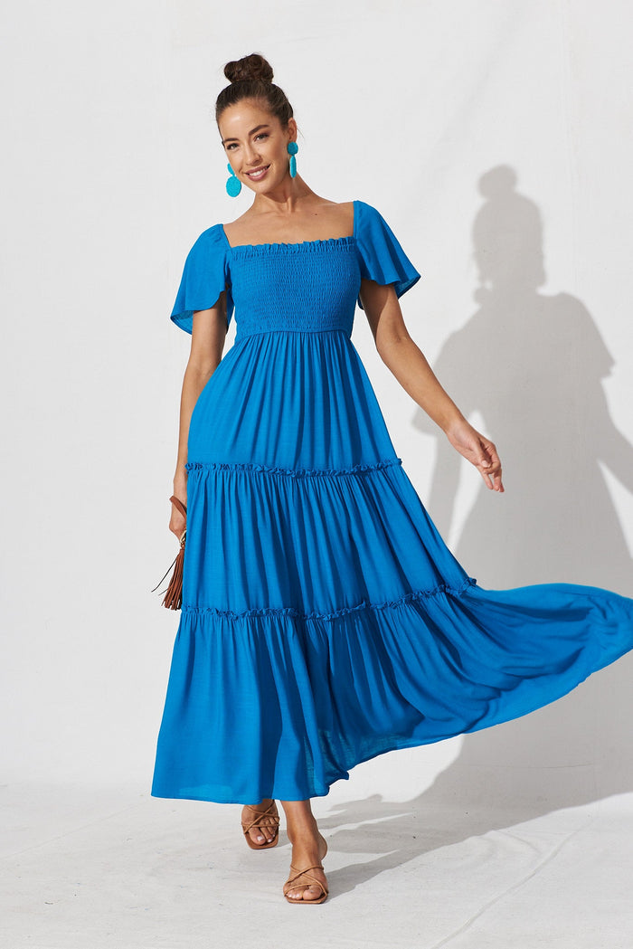 Annabeth Shirred Maxi Dress In Blue - St Frock (Dev)