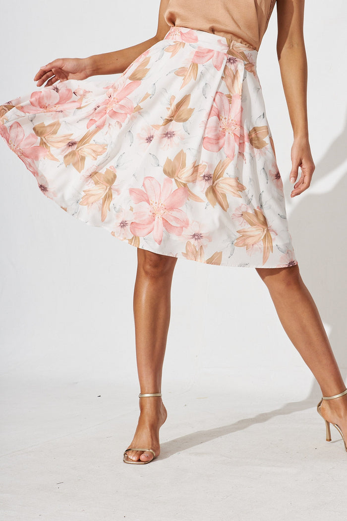 Babe Skirt In White With Peach Floral - front