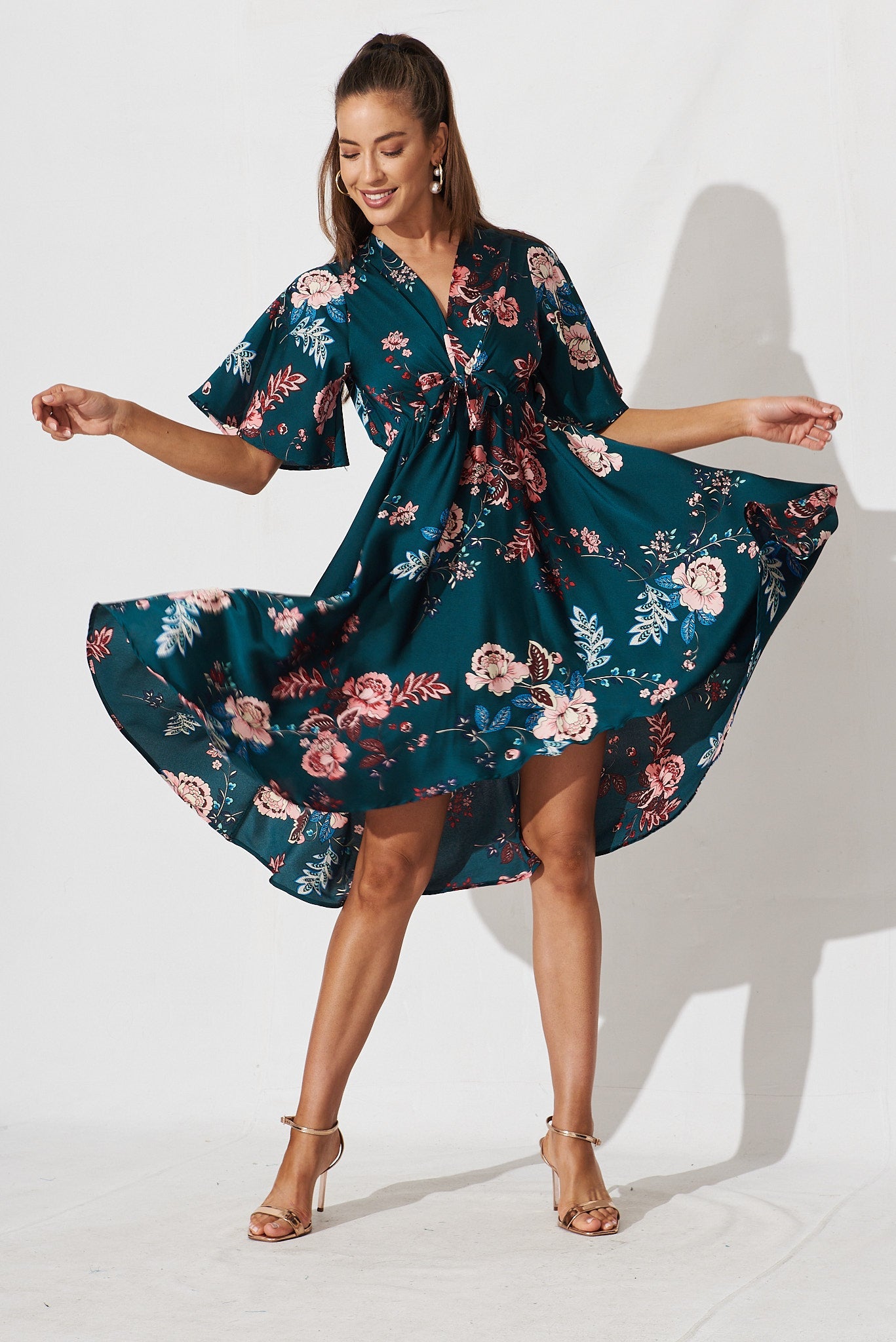Helsinki Dress In Green With Blush Floral - full length