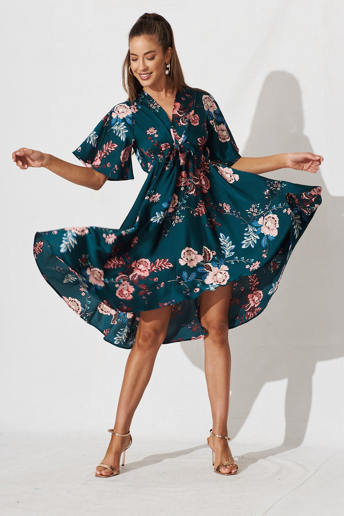 Helsinki Dress In Green With Blush Floral - full length