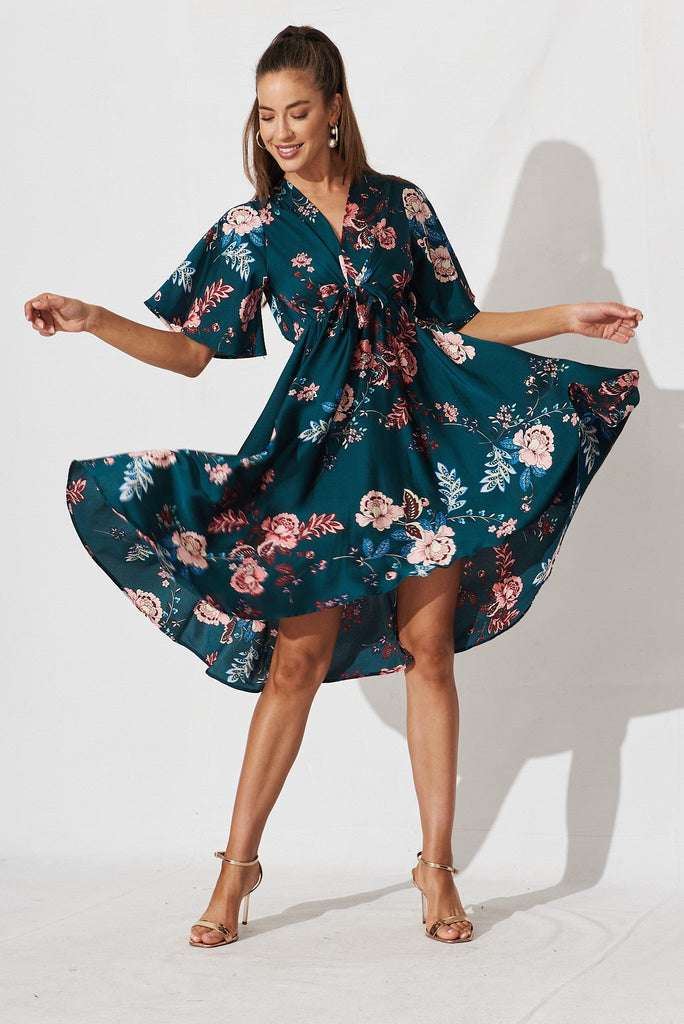Helsinki Dress In Green With Blush Floral - full length