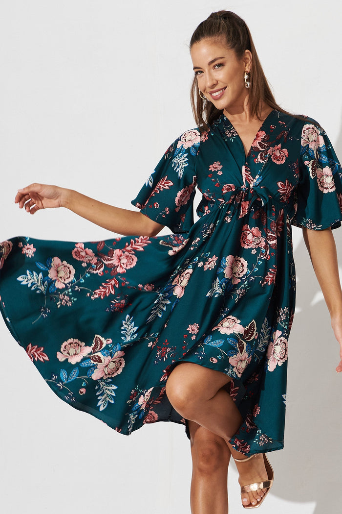 Helsinki Dress In Green With Blush Floral - front