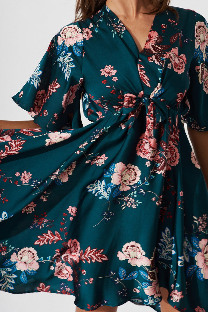 Helsinki Dress In Green With Blush Floral - detail