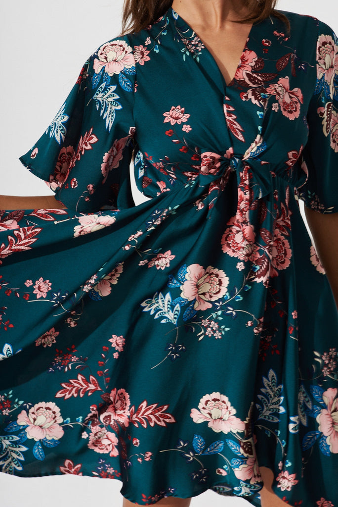 Helsinki Dress In Green With Blush Floral - detail