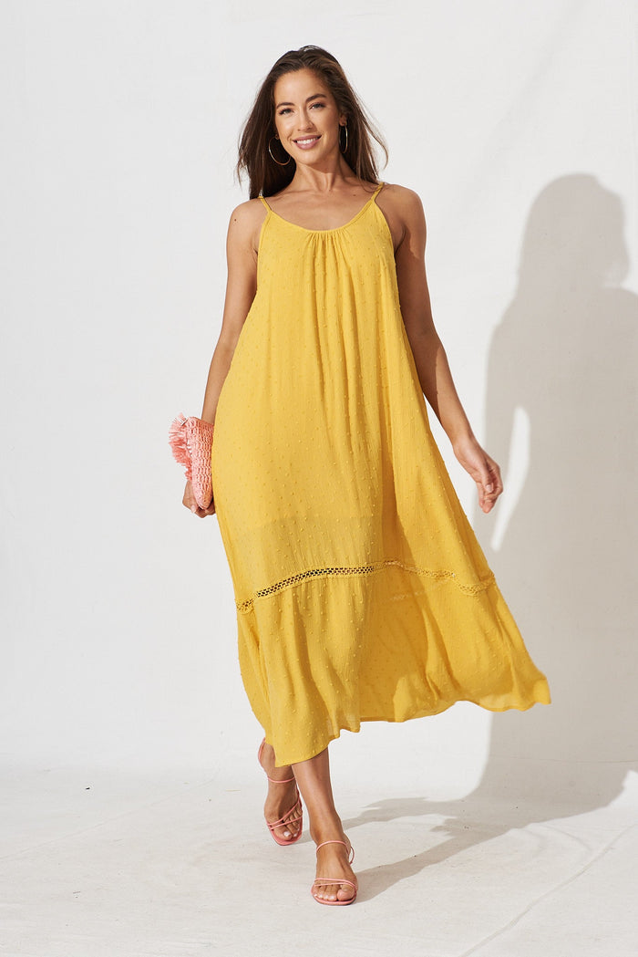 Lost Paradise Maxi Dress In Mustard Swiss Dot - full length