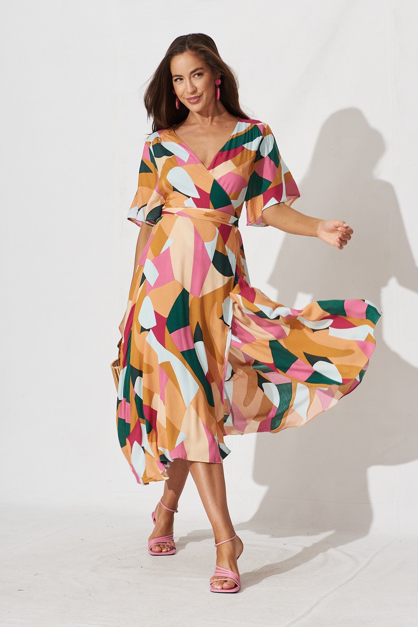 Saylor Midi Wrap Dress In Orange Multi Print - full length
