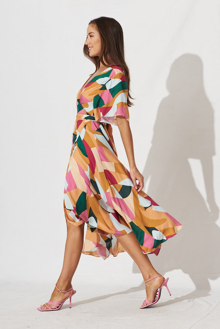 Saylor Midi Wrap Dress In Orange Multi Print - side