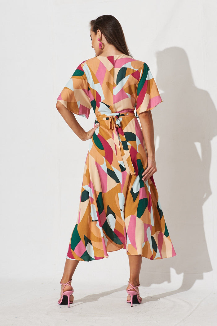 Saylor Midi Wrap Dress In Orange Multi Print - back