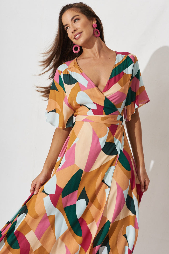 Saylor Midi Wrap Dress In Orange Multi Print - front