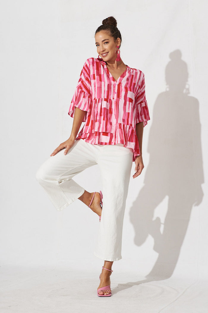 Bria Top In Red With Pink Print - full length