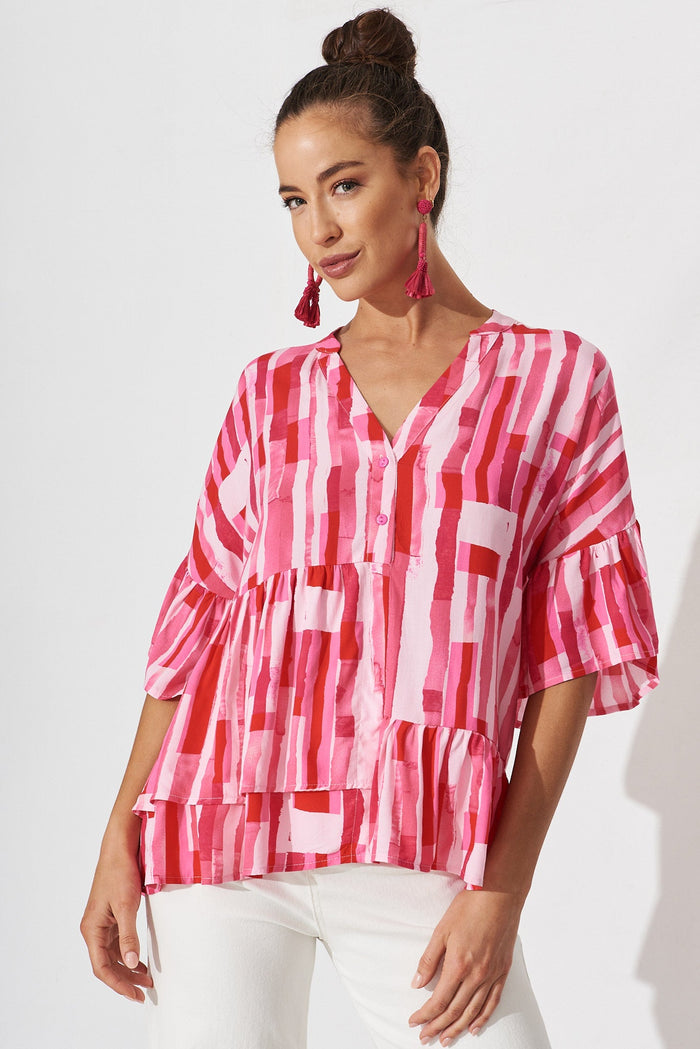 Bria Top In Red With Pink Print - front