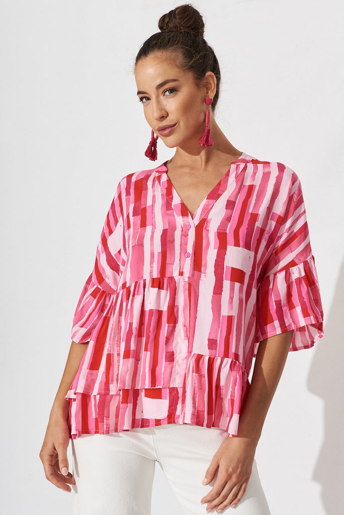 Bria Top In Red With Pink Print - front