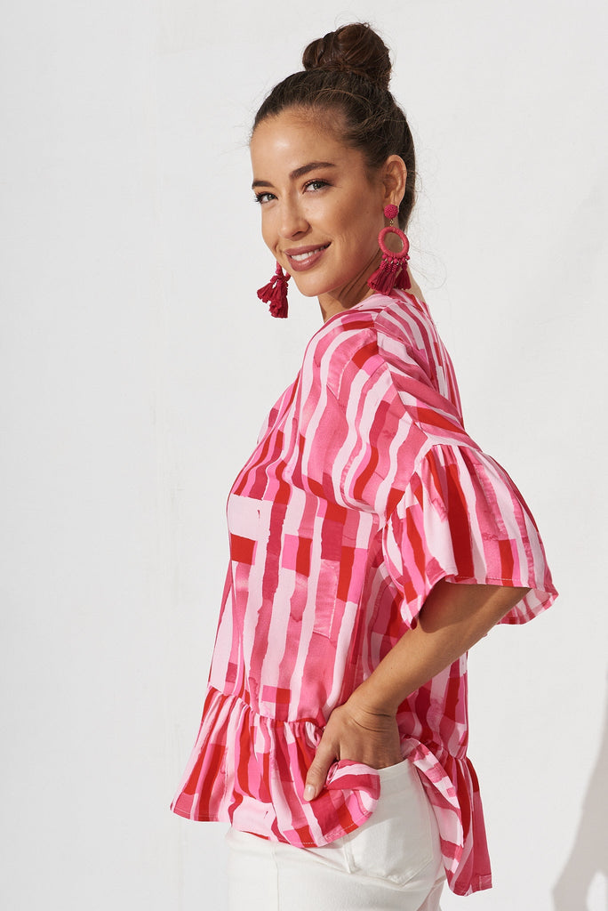 Bria Top In Red With Pink Print - side