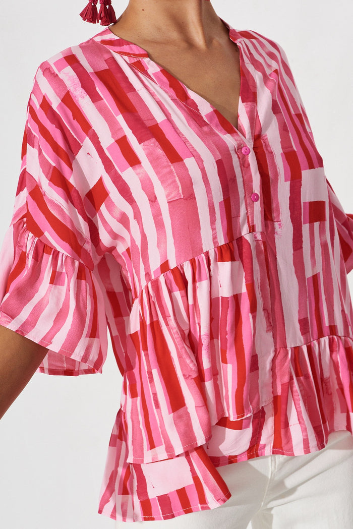 Bria Top In Red With Pink Print - detail