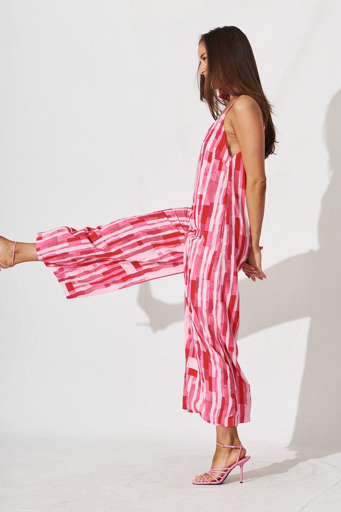 Lista Maxi Jumpsuit In Red With Pink Print - side