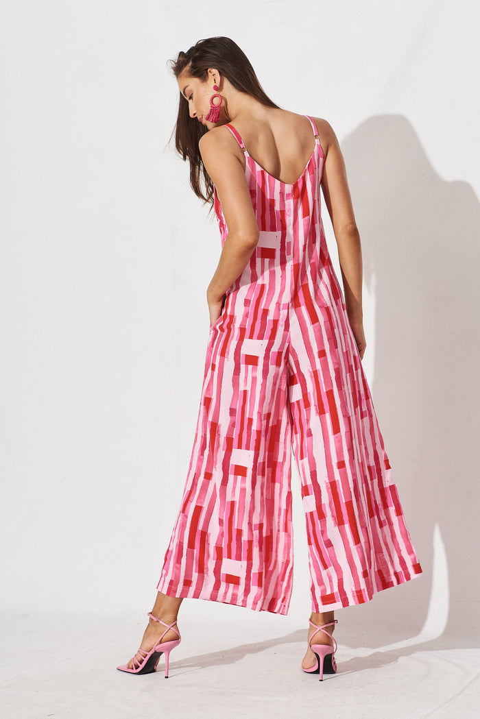 Lista Maxi Jumpsuit In Red With Pink Print - back