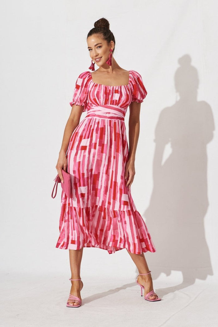 Candie Midi Dress In Red With Pink Print - St Frock (Dev)