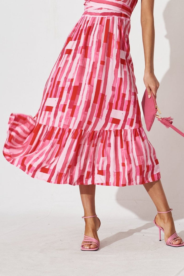 Candie Midi Dress In Red With Pink Print - St Frock (Dev)