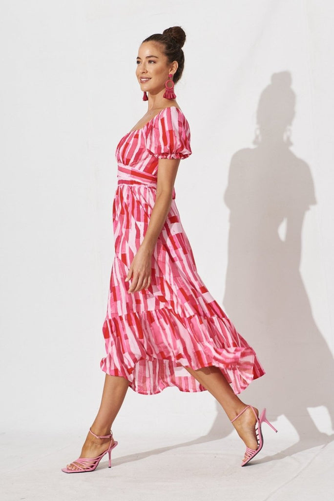 Candie Midi Dress In Red With Pink Print - St Frock (Dev)