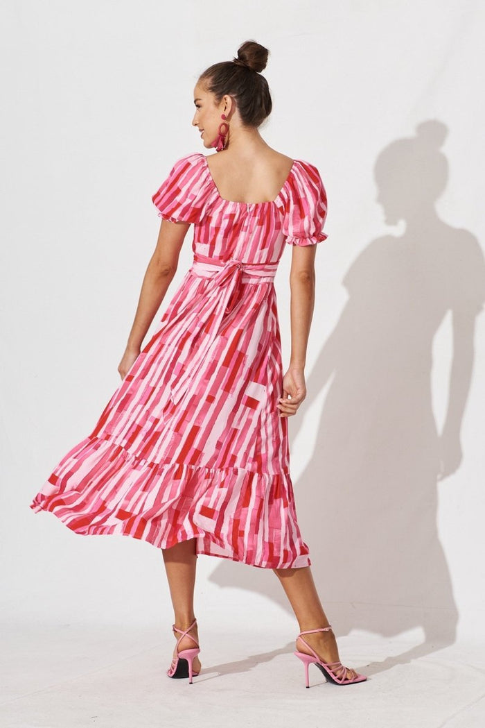 Candie Midi Dress In Red With Pink Print - St Frock (Dev)