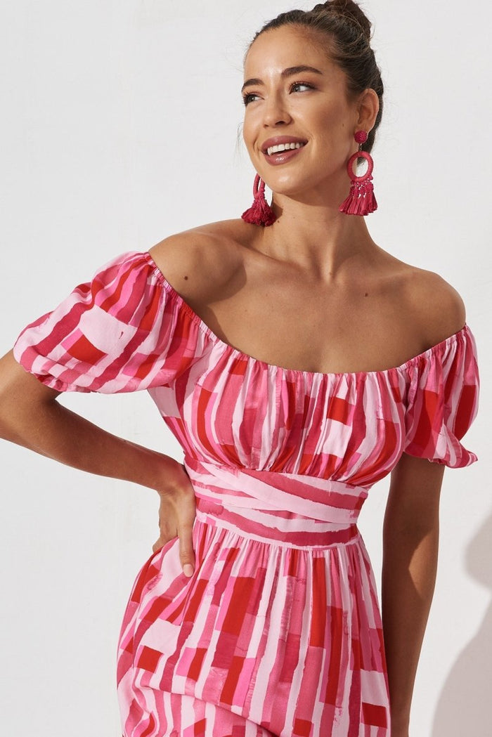 Candie Midi Dress In Red With Pink Print - St Frock (Dev)