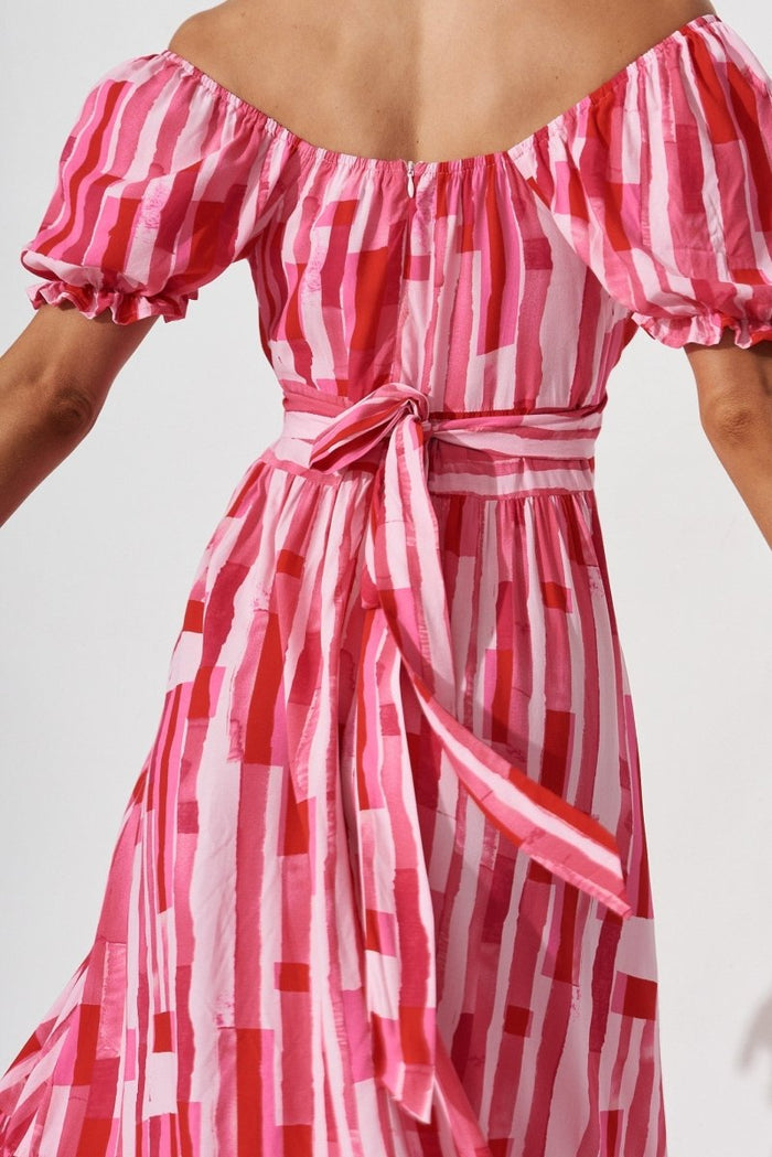 Candie Midi Dress In Red With Pink Print - St Frock (Dev)