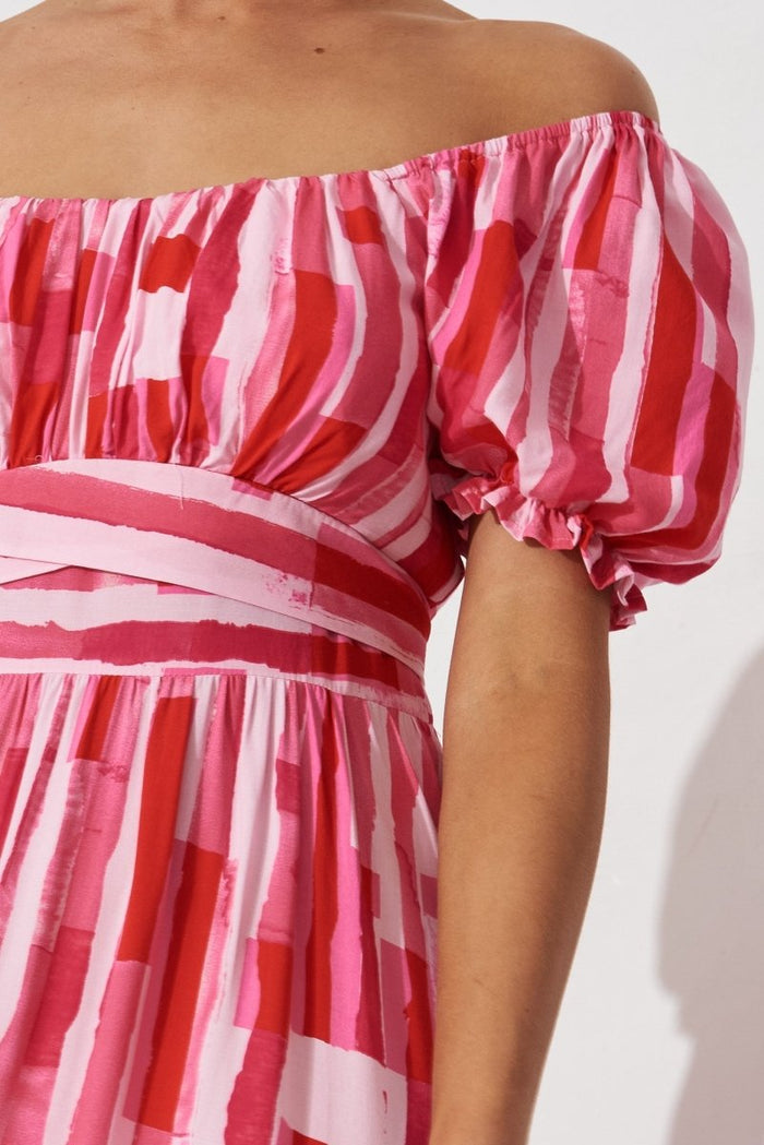 Candie Midi Dress In Red With Pink Print - St Frock (Dev)