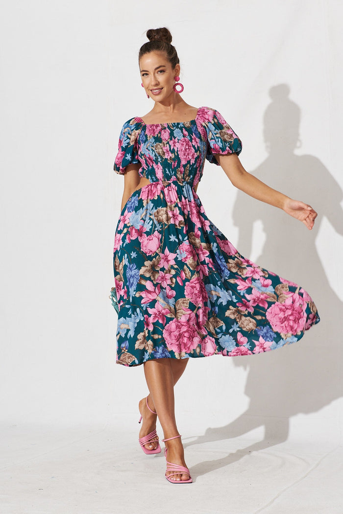 Laureate Midi Dress In Teal With Pink Floral - full length