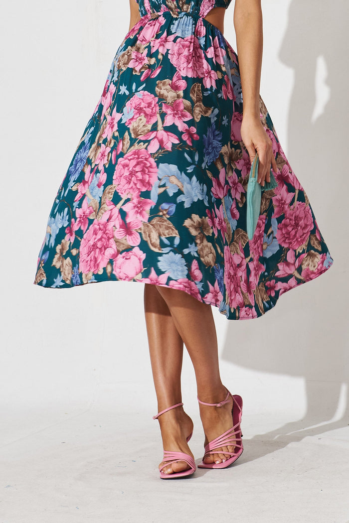 Laureate Midi Dress In Teal With Pink Floral - detail