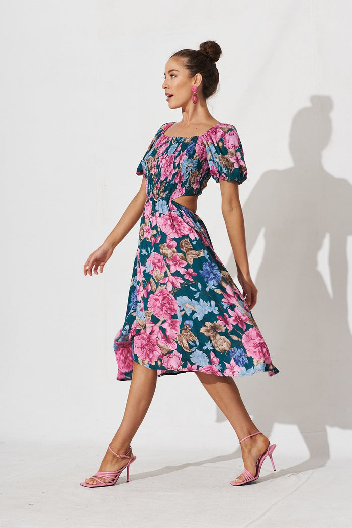 Laureate Midi Dress In Teal With Pink Floral - side