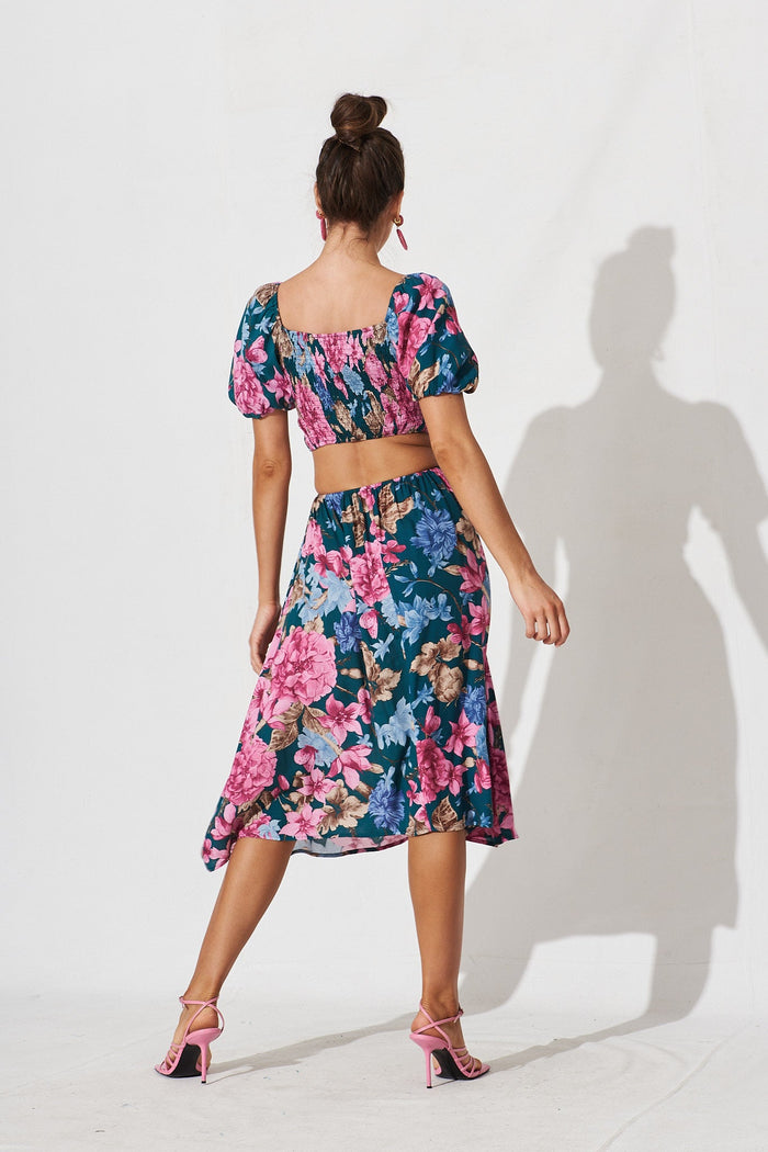 Laureate Midi Dress In Teal With Pink Floral - back