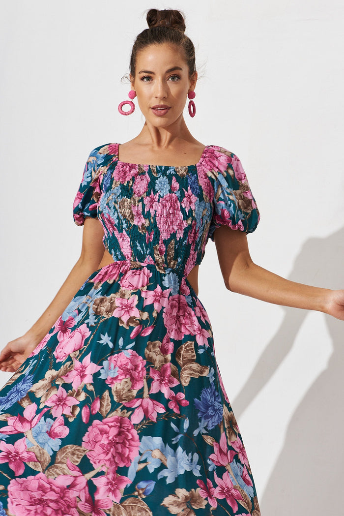 Laureate Midi Dress In Teal With Pink Floral - front