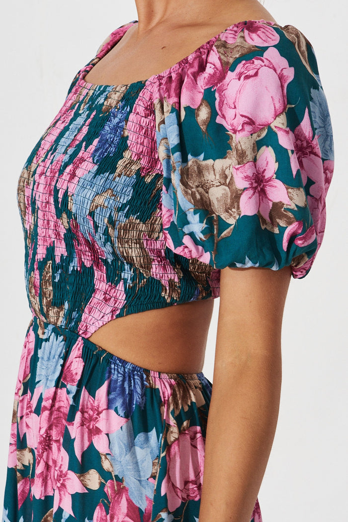 Laureate Midi Dress In Teal With Pink Floral - detail