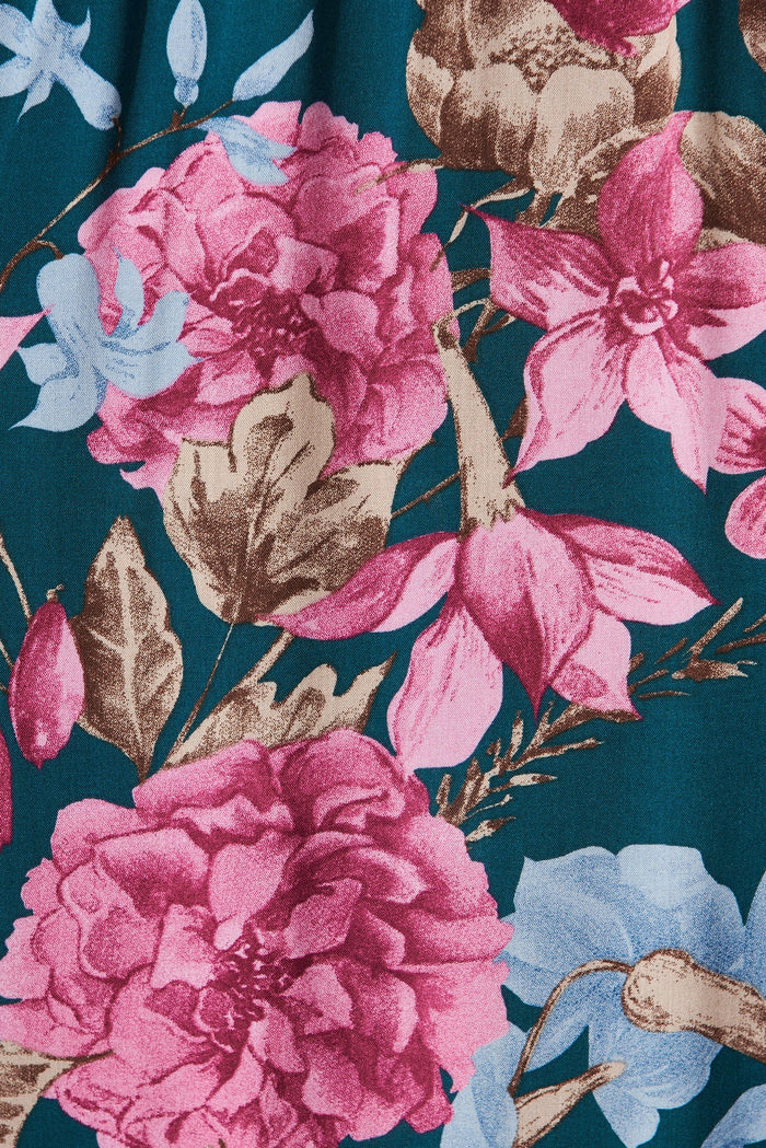 Laureate Midi Dress In Teal With Pink Floral - fabric