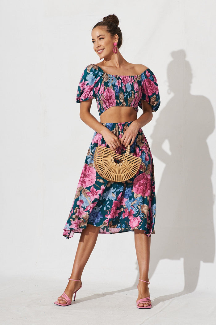Laureate Midi Dress In Teal With Pink Floral - full length reversed