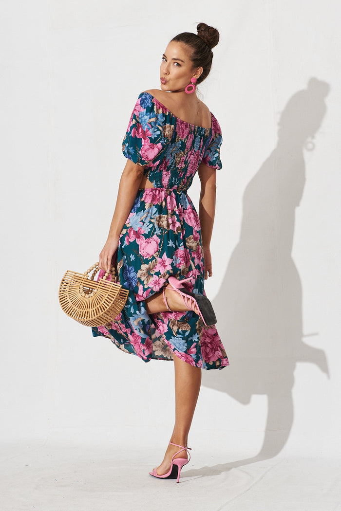 Laureate Midi Dress In Teal With Pink Floral - back reversed