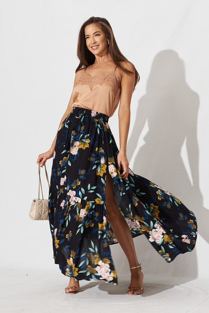 Erykah Maxi Skirt In Black With Green Leaf - full length
