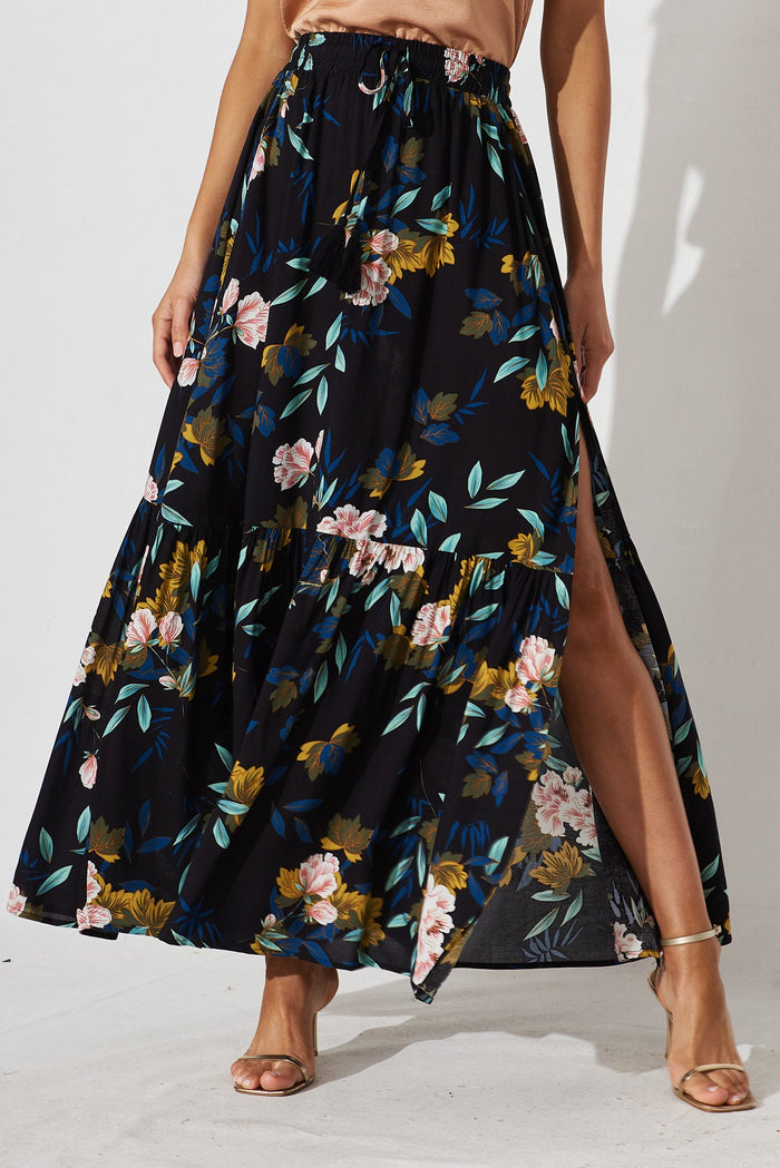 Erykah Maxi Skirt In Black With Green Leaf - front