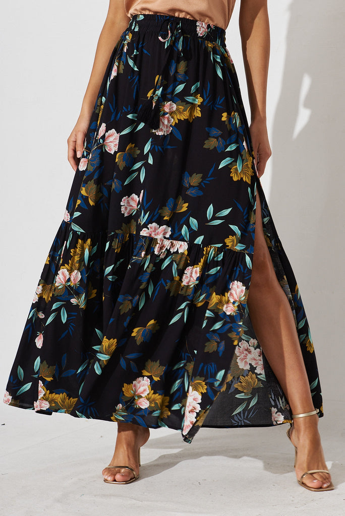 Erykah Maxi Skirt In Black With Green Leaf - front