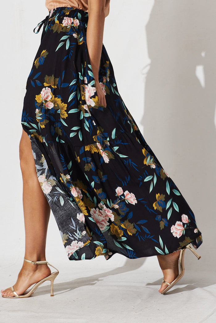 Erykah Maxi Skirt In Black With Green Leaf - side