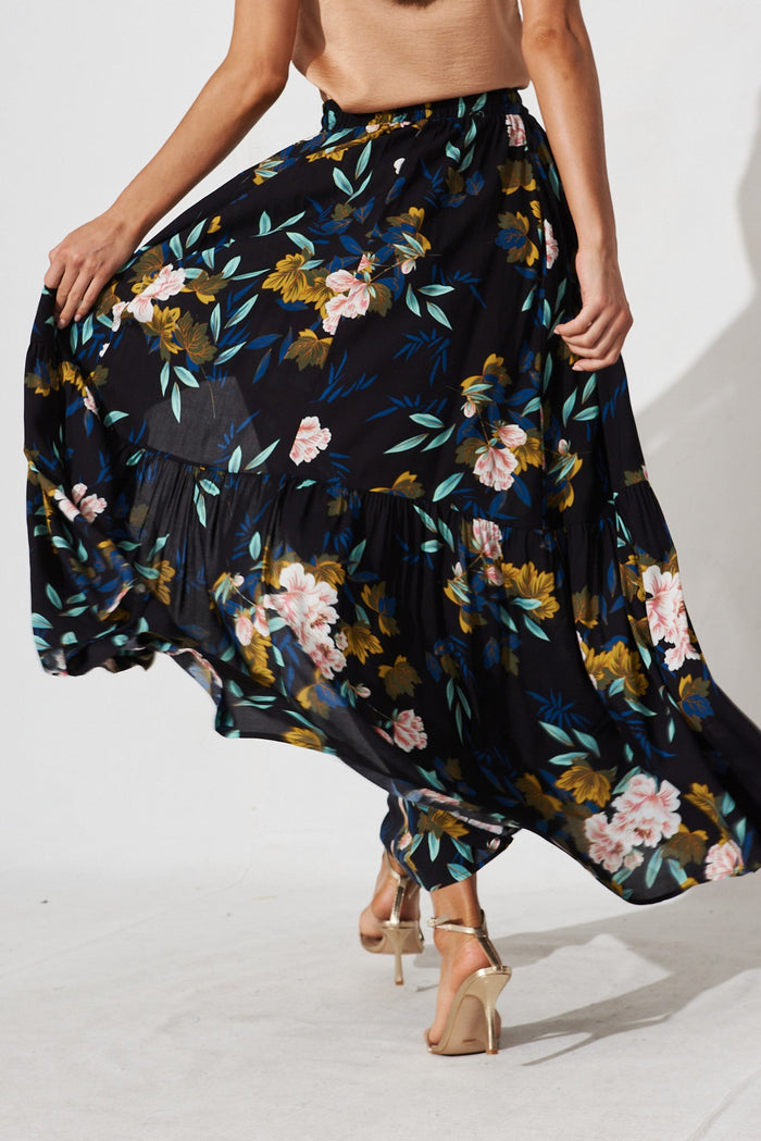 Erykah Maxi Skirt In Black With Green Leaf - back